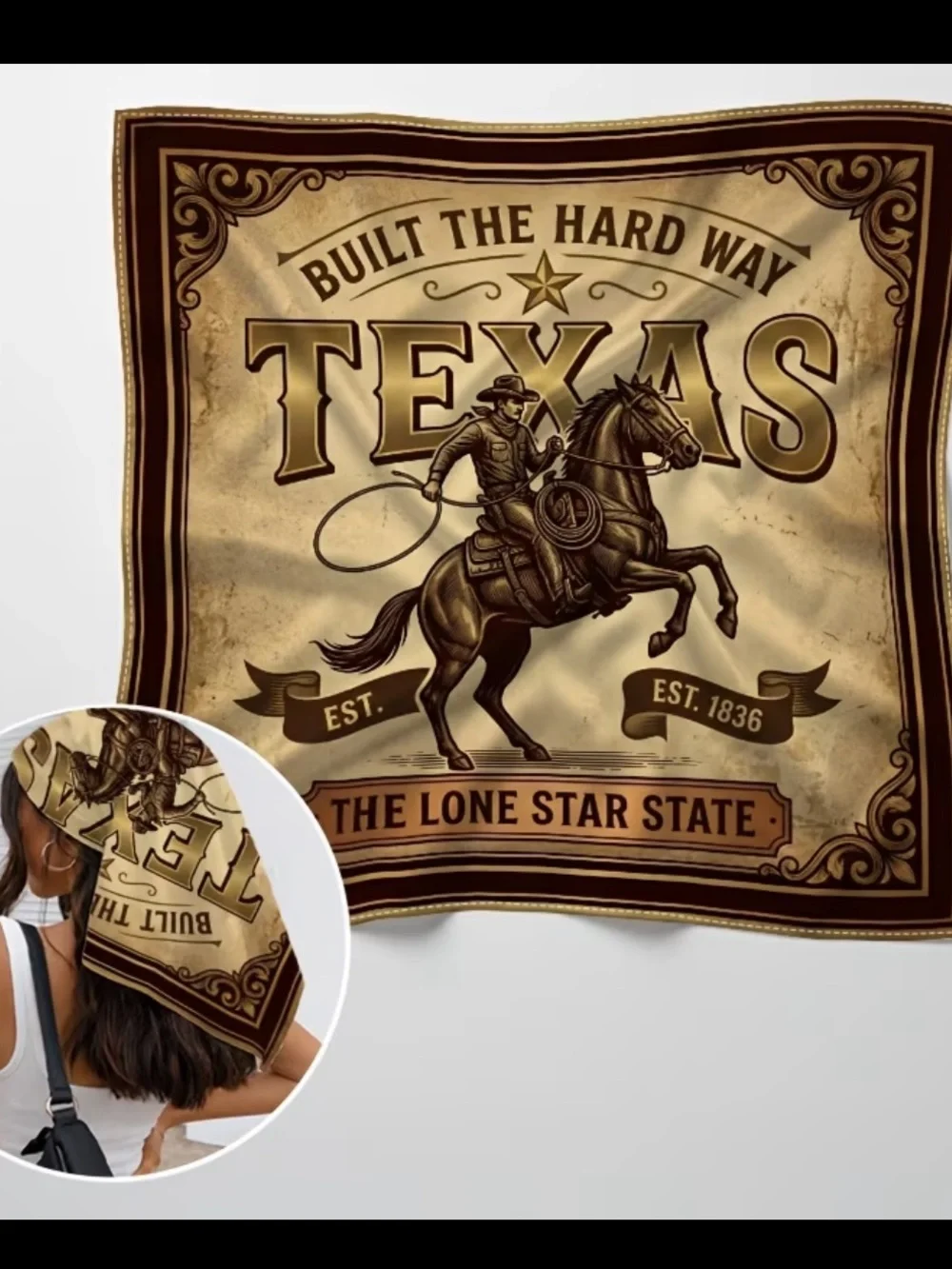 Vintage Texas Lone Star Scarf in Tan and Brown 35”